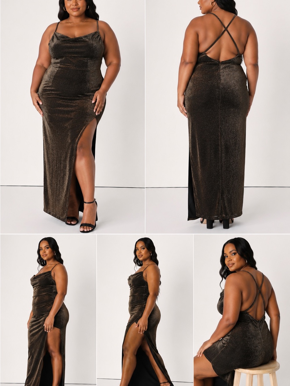 Lulu's Metallic Bronze Cowl Neck Maxi Dress with Side Slit